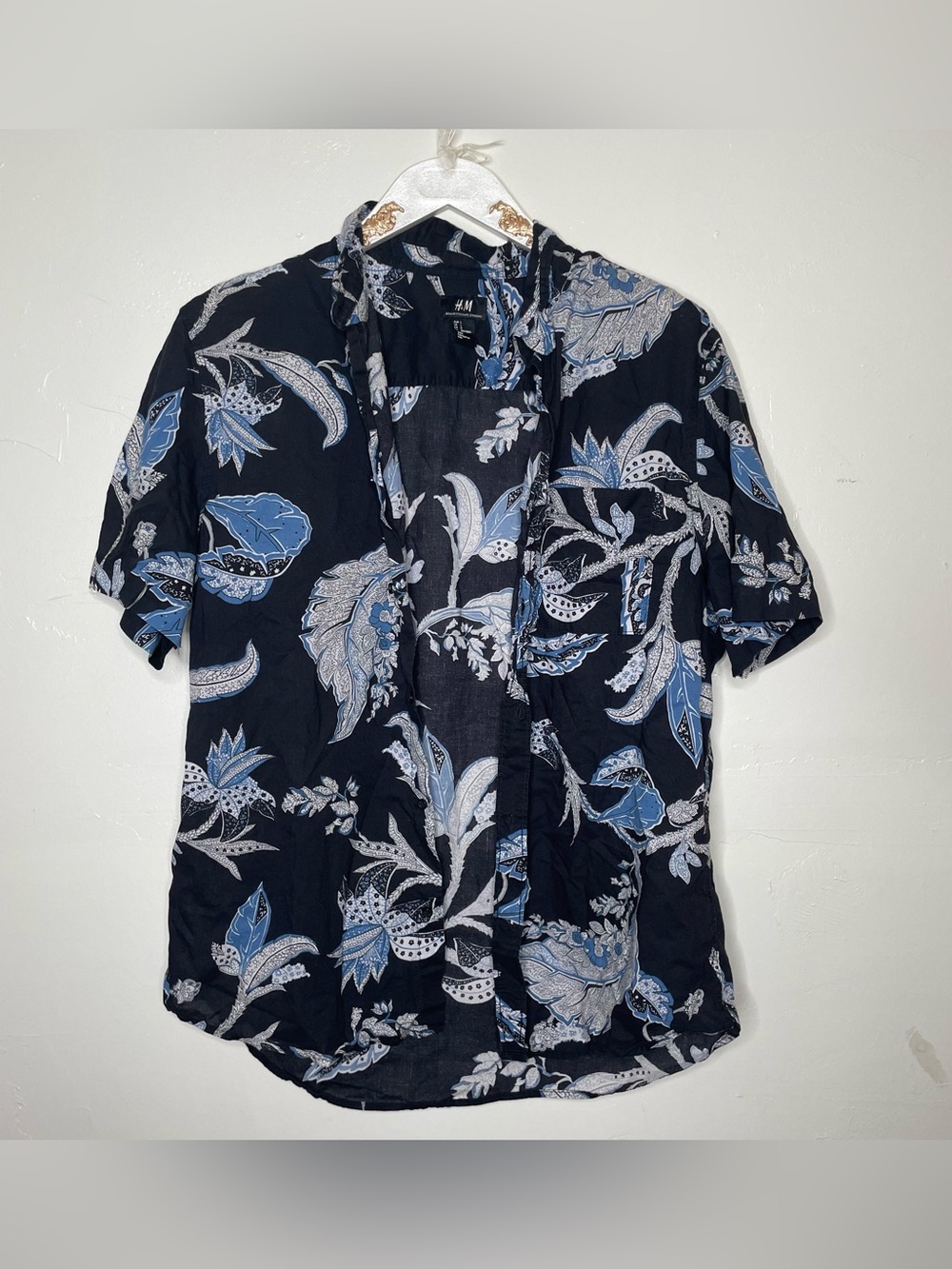 MENS BLUE HAWAIIAN TROPICAL STYLE VACATION BUTTON DOWN SZ L